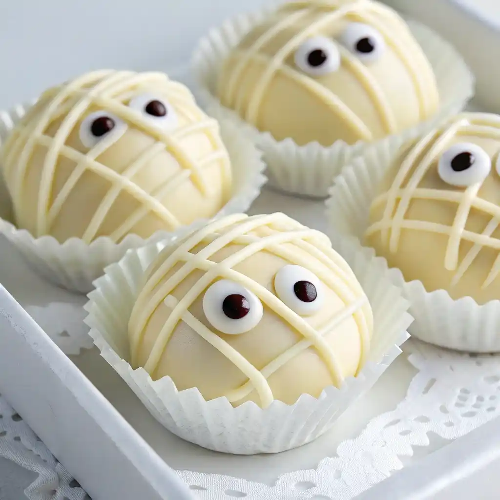 White chocolate truffles decorated with drizzled chocolate and candy eyes