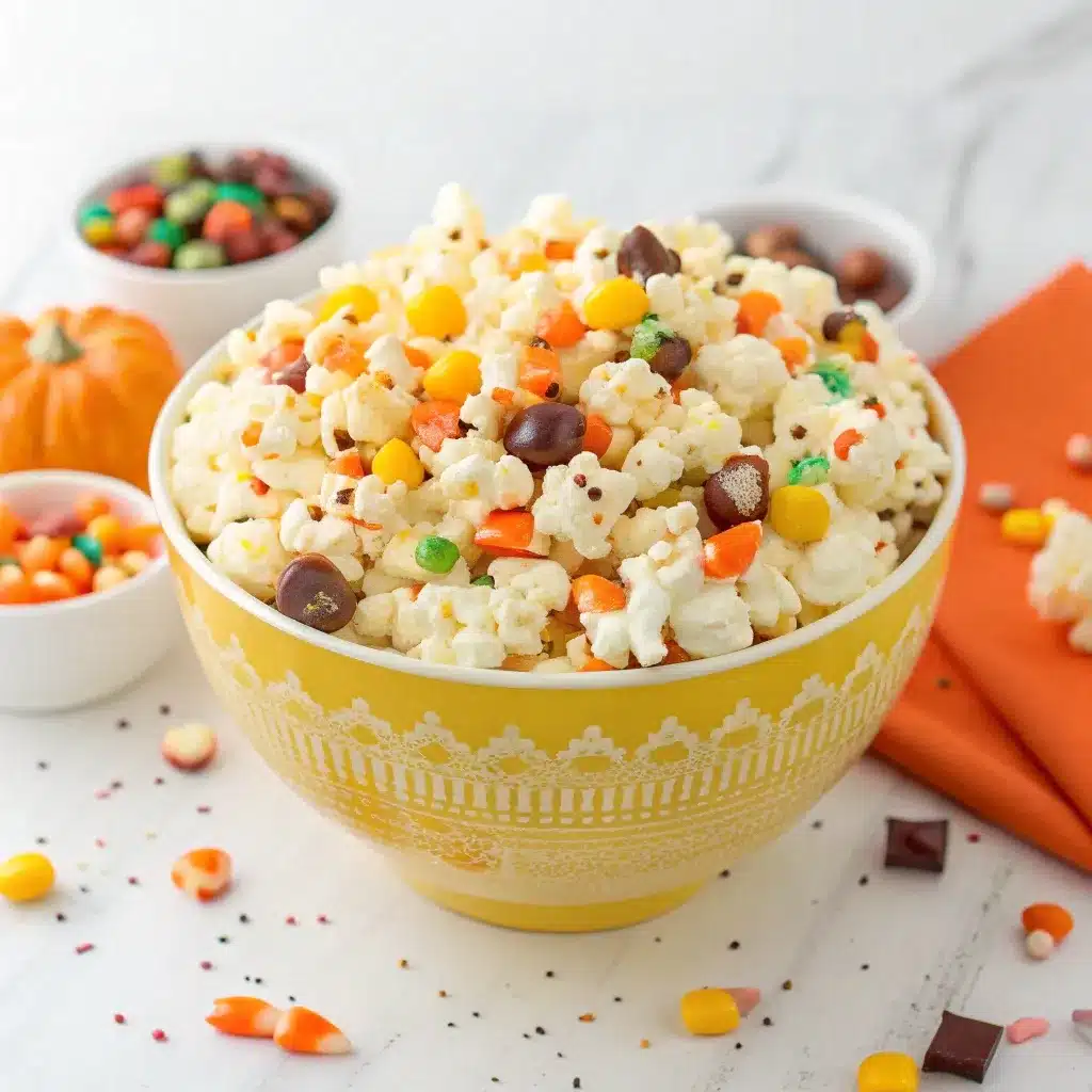White Chocolate Popcorn Mix with candy corn and sprinkles
