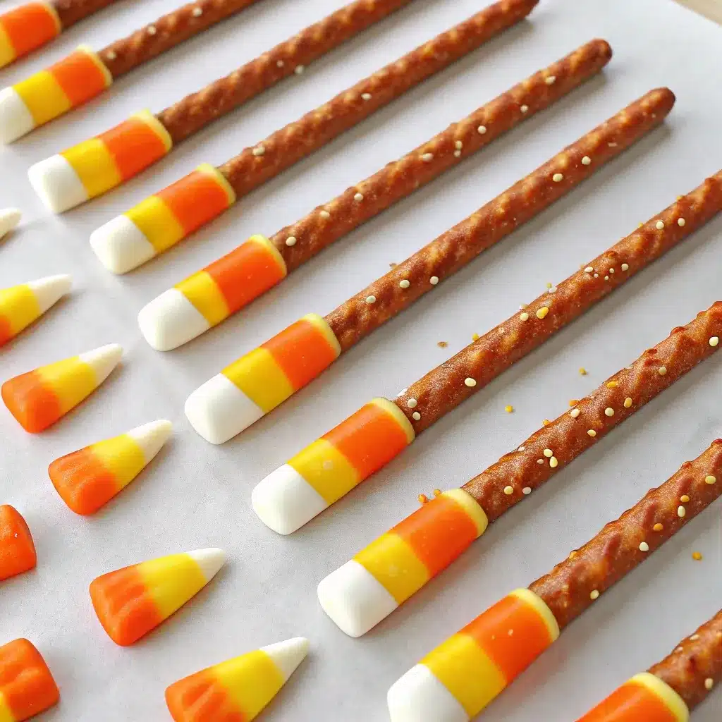 White chocolate pretzel rods with orange and yellow drizzle in sleeves