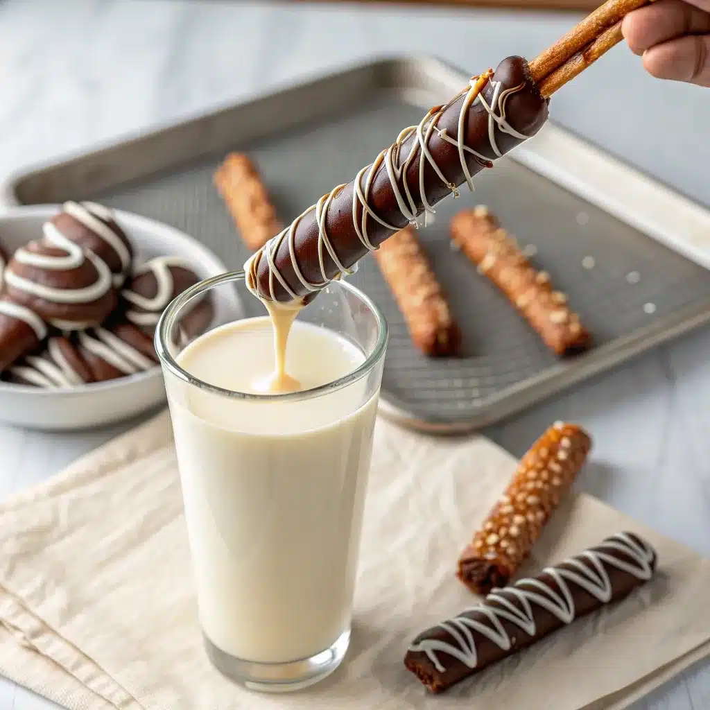 Pretzel rod dipped in melted white chocolate