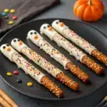 White Chocolate Pretzel Rods decorated with sprinkles and candy eyes