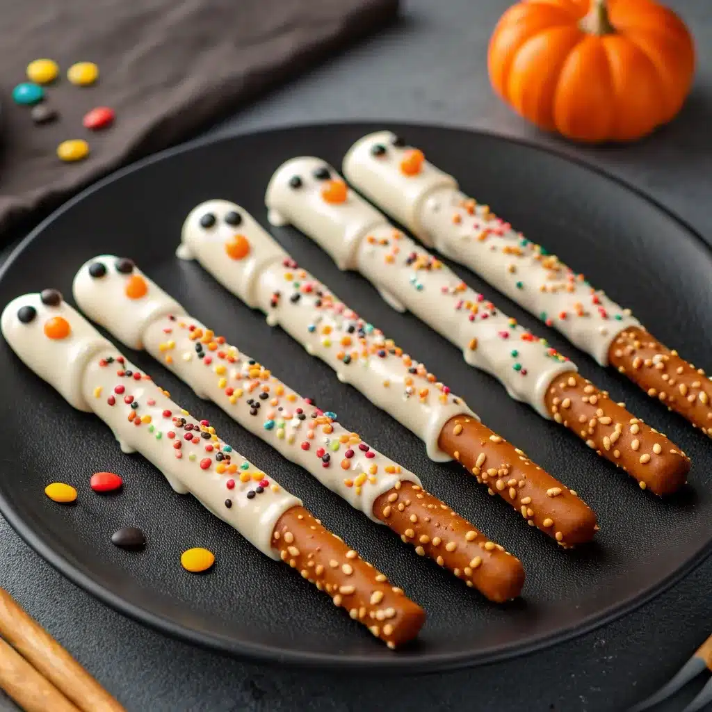White Chocolate Pretzel Rods decorated with sprinkles and candy eyes