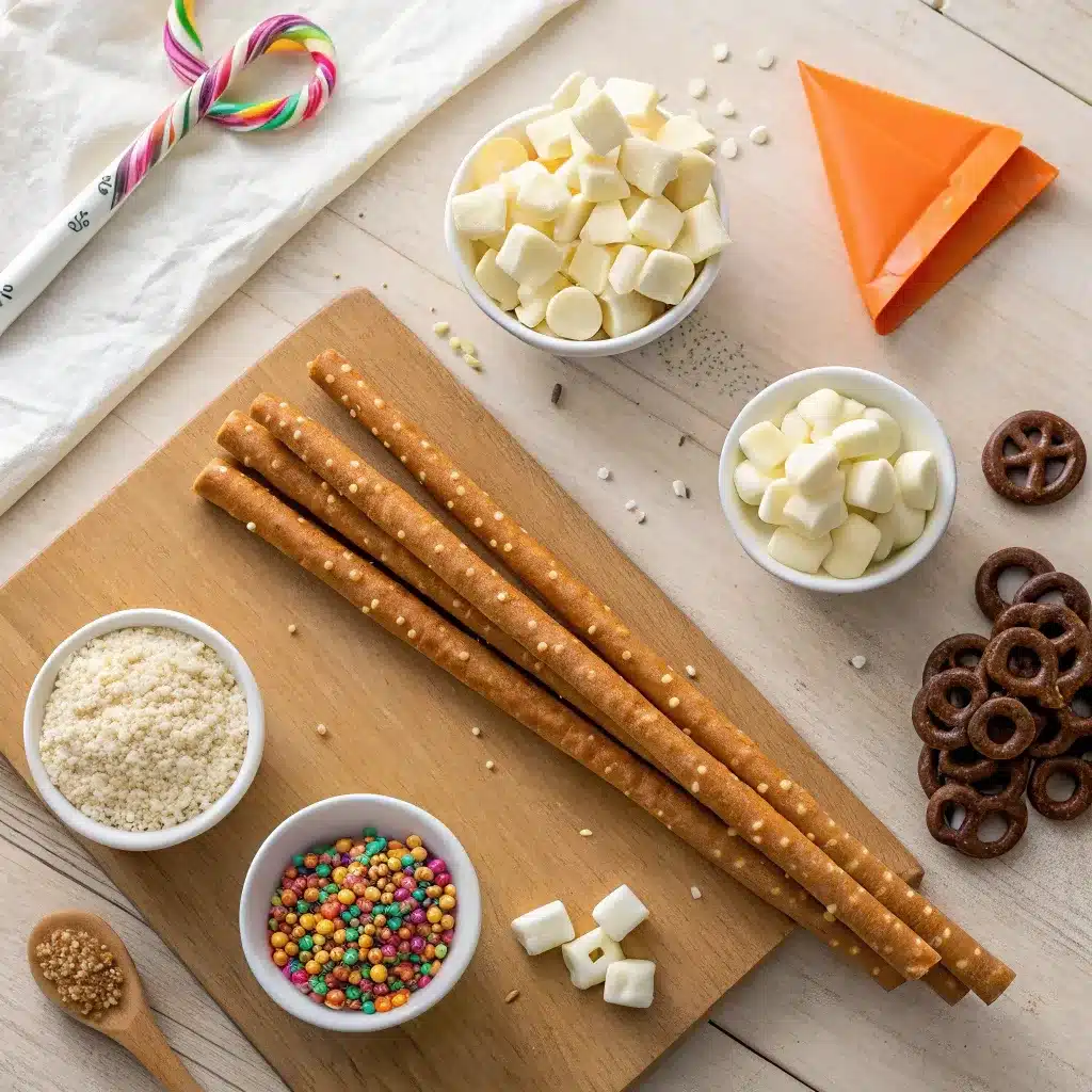 Ingredients for White Chocolate Pretzel Rods on wooden table