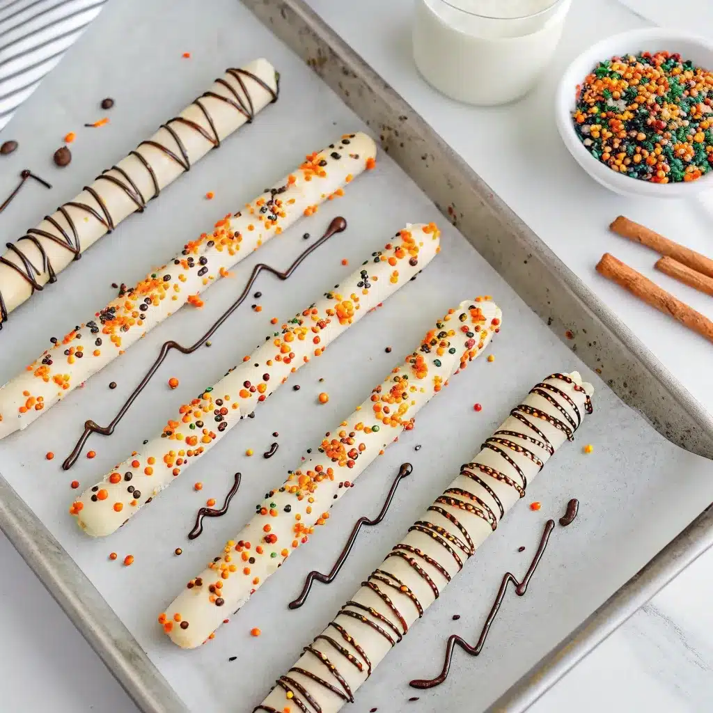 White Chocolate Pretzel Rods with sprinkles and drizzle