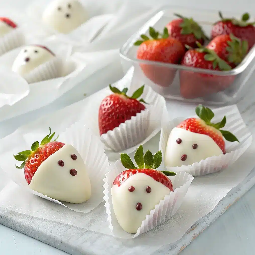 White chocolate strawberry ghosts with dot faces
