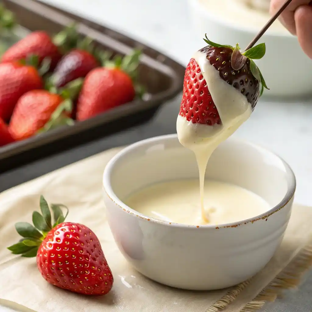 Strawberry dipped into melted white chocolate