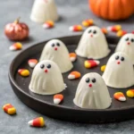 White Chocolate Strawberry Ghosts on platter with candy eyes