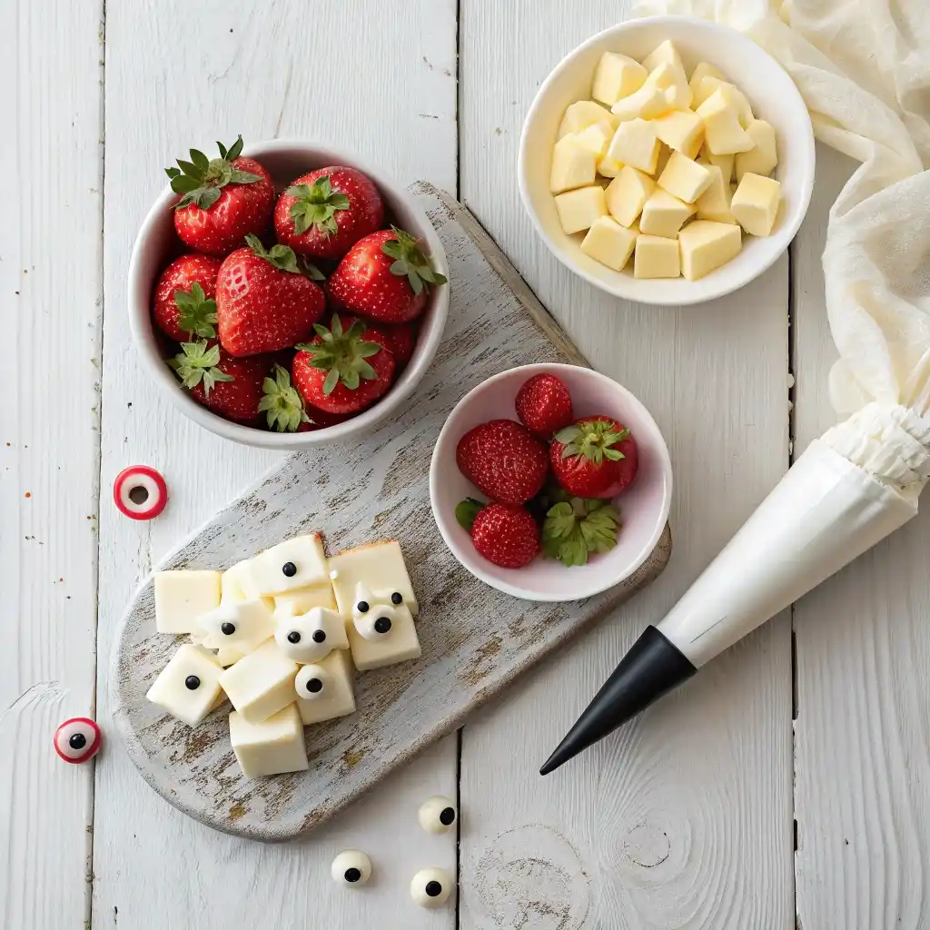 Ingredients for White Chocolate Strawberry Ghosts on wooden table