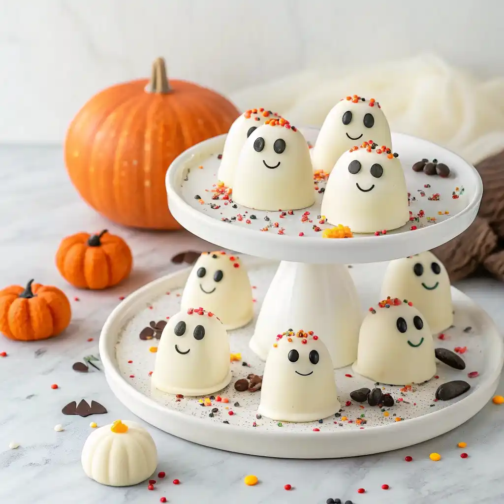 White Chocolate Strawberry Ghosts served on small party plate