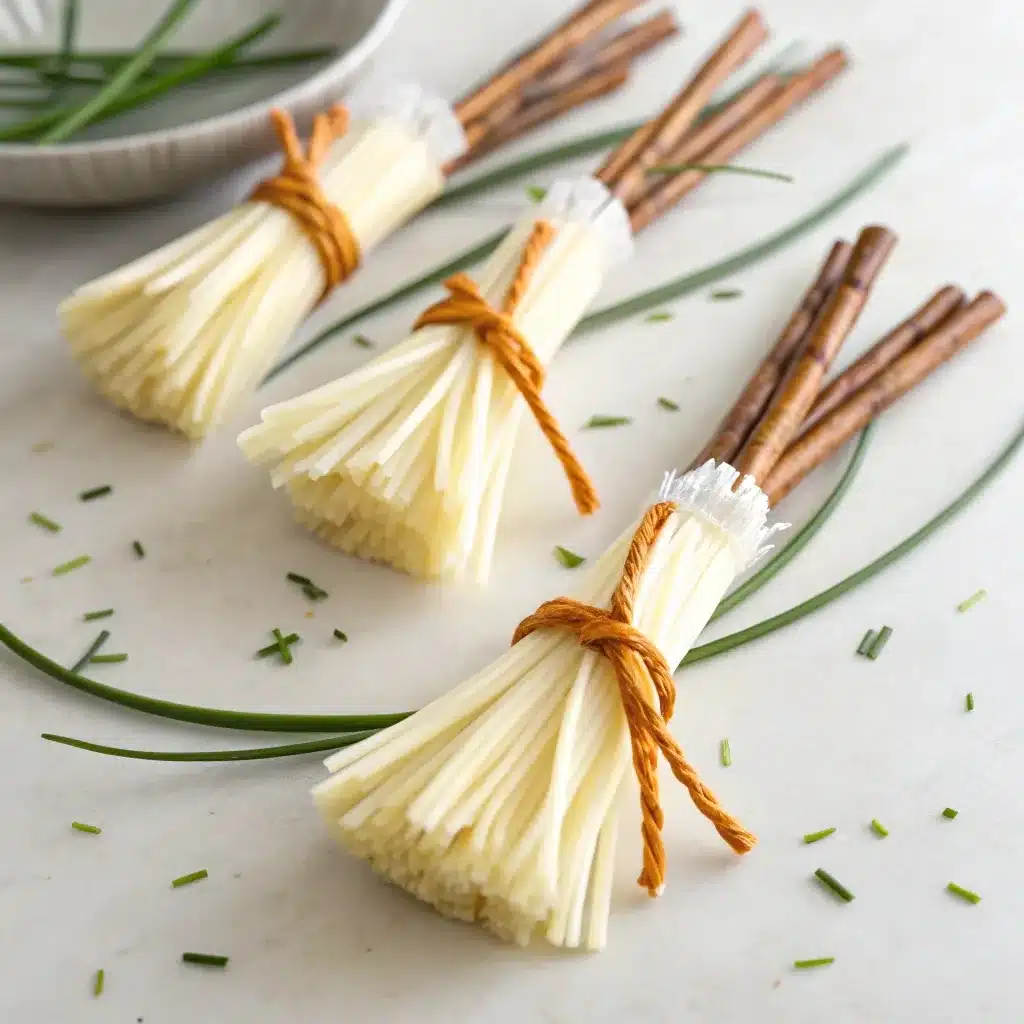 String cheese witch brooms with pretzel handles and chive ties