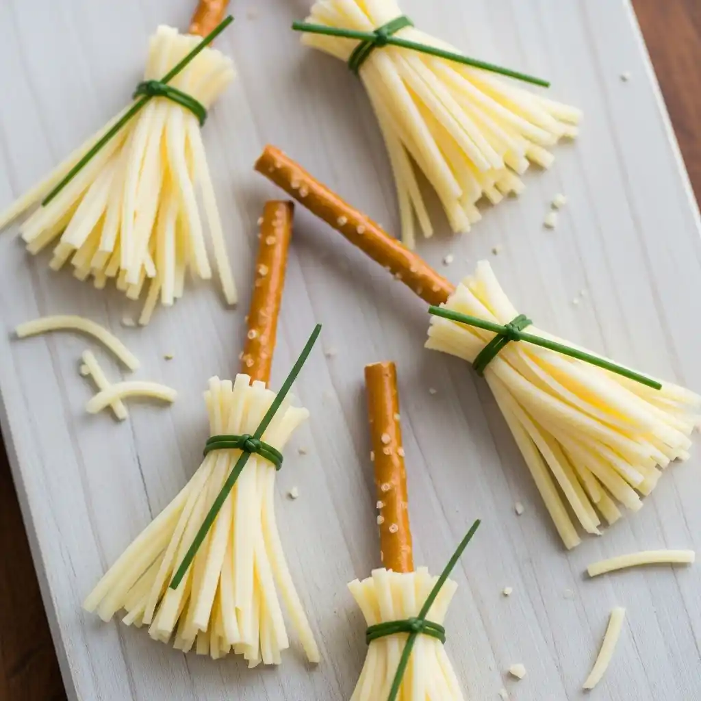 String cheese witch brooms with pretzel handles and chive ties