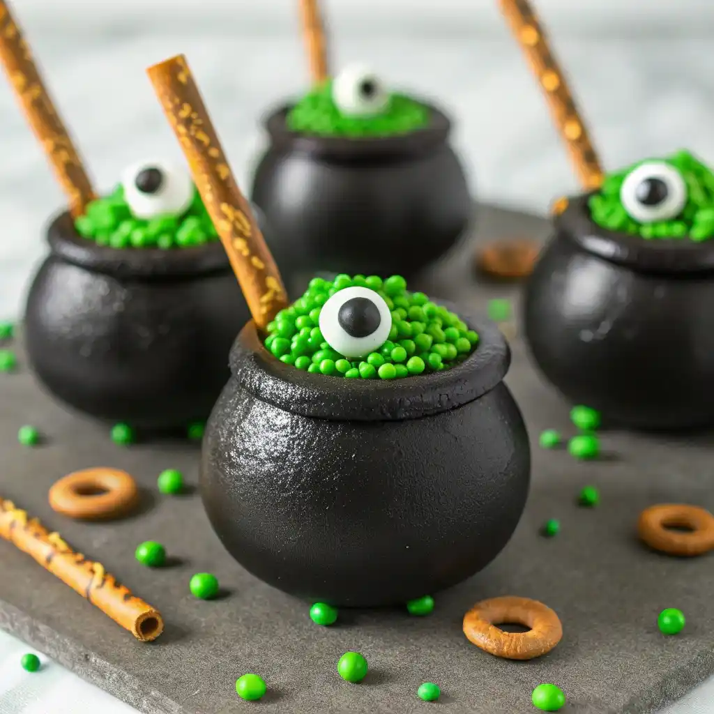 Cereal-treat cauldrons with black dip, green sprinkles, and pretzel stirrers