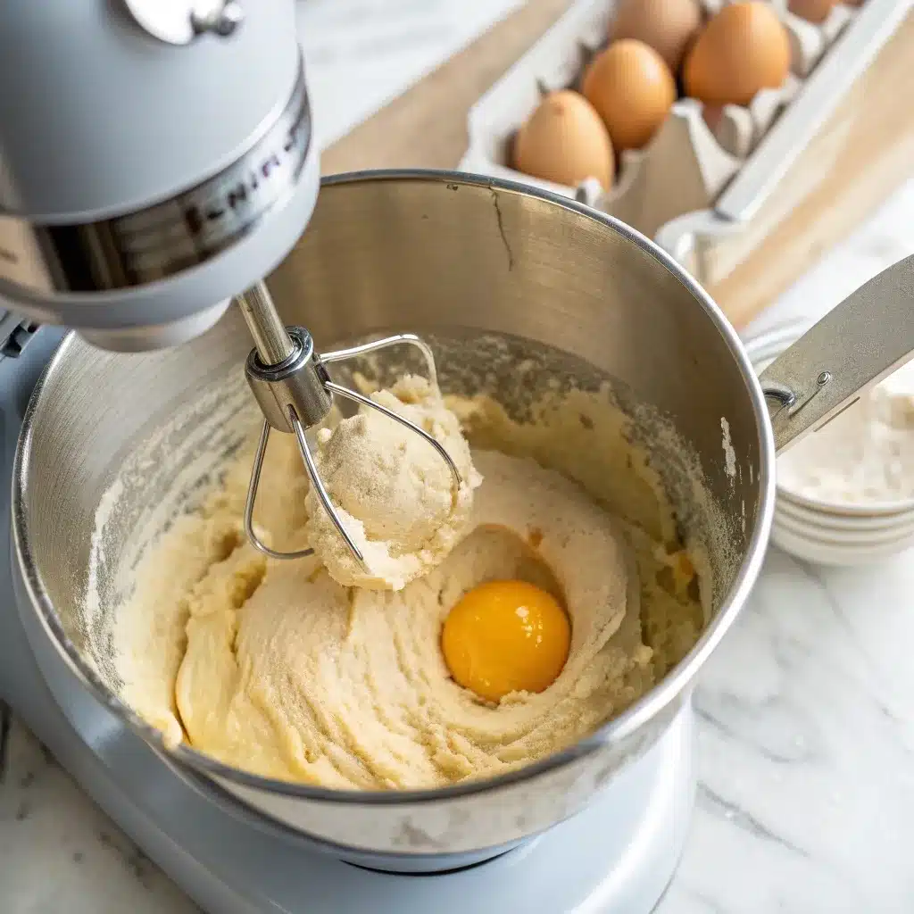 Choux pastry dough in mixer with cracked egg on top