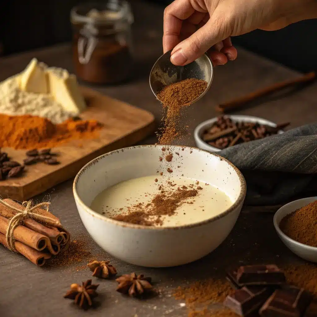 Pumpkin spice and espresso powder being mixed into white chocolate