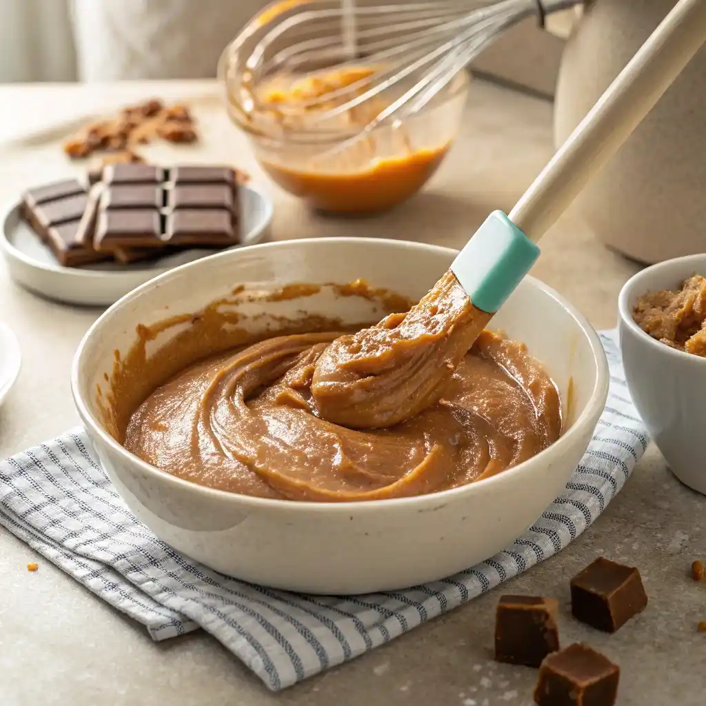 Glossy blondie batter folded with a spatula in a white bowl.