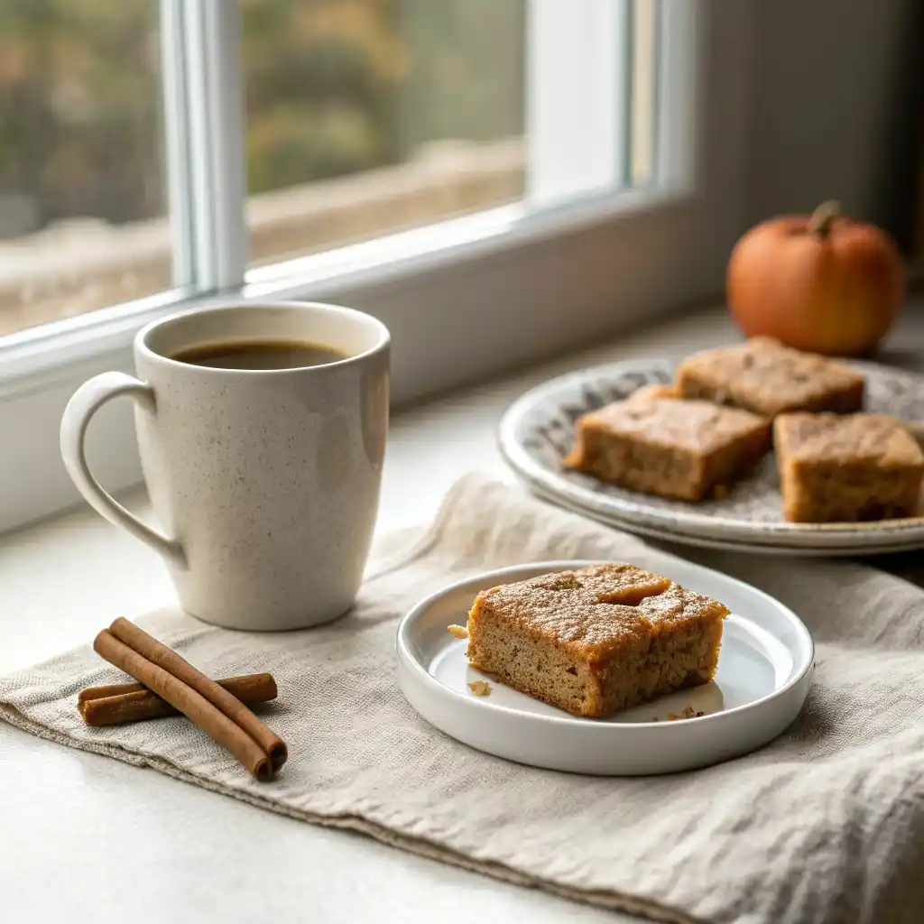 Plate of apple cider blondie squares beside a coffee mug on a simple fall table.