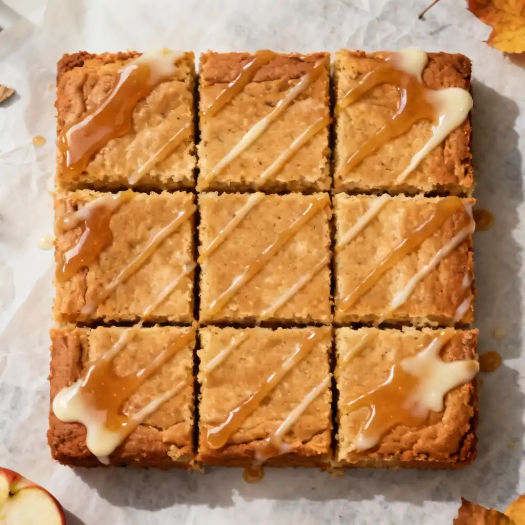 Apple cider blondie squares with shiny cider glaze on parchment, overhead.