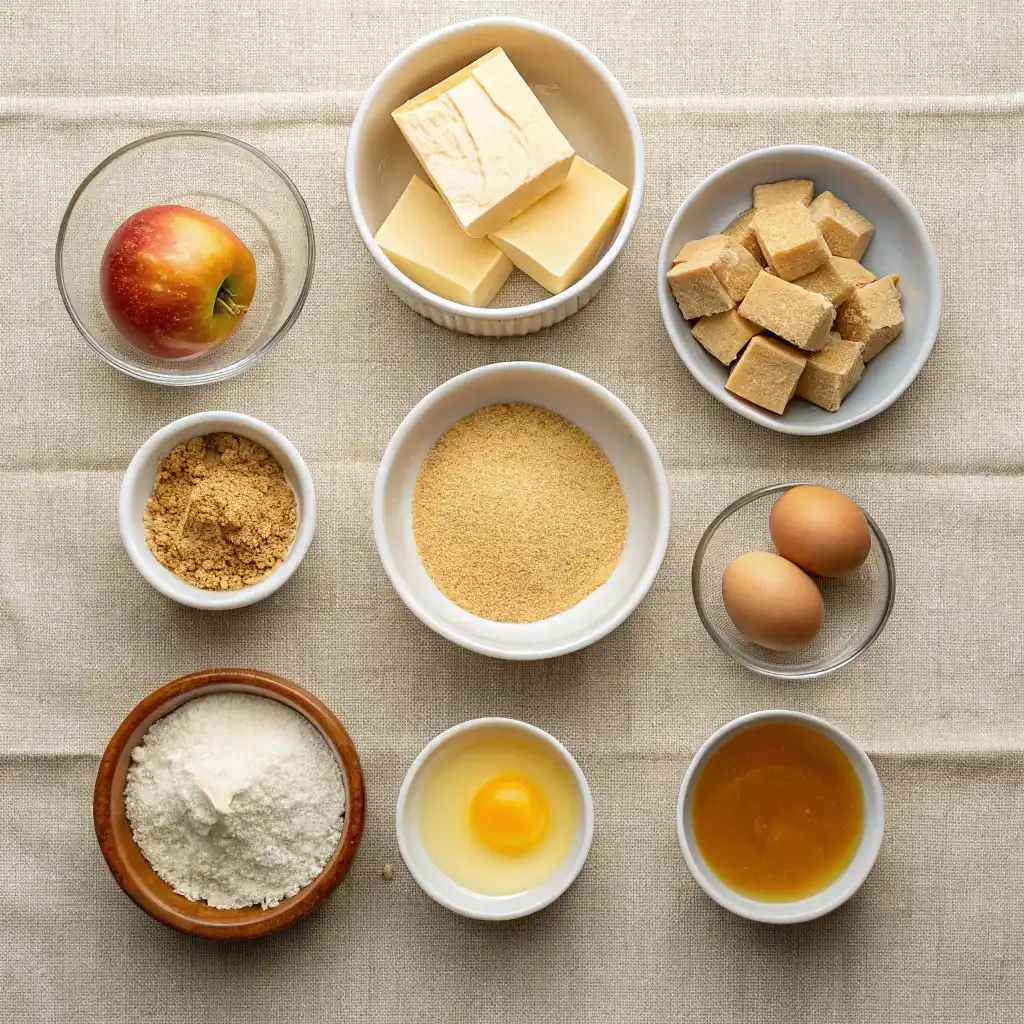 Measured ingredients for apple cider blondies arranged neatly on beige linen.