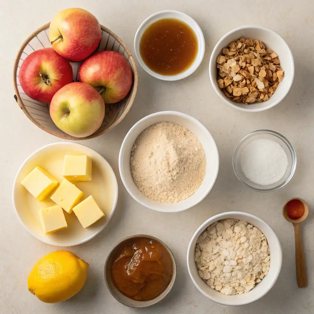 Apples, butter, sugar, flour, caramel, and oats arranged on a beige surface.