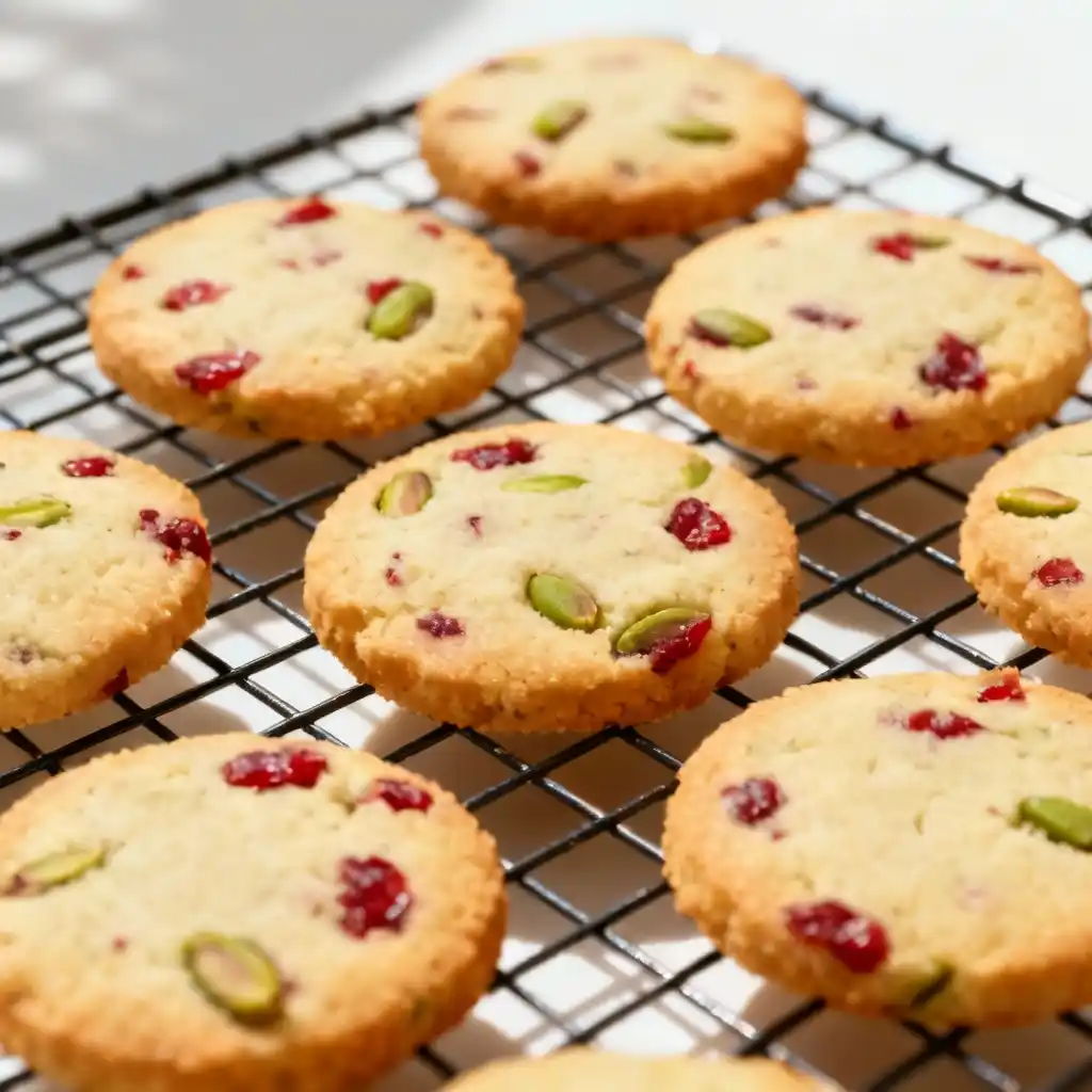 Cranberry pistachio shortbread cookies cooling on a wire rack.