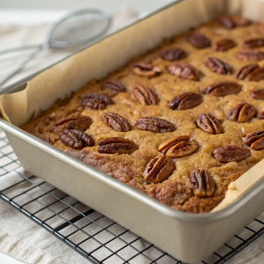 Pan of baked pecan pie blondies cooling with golden pecan topping.