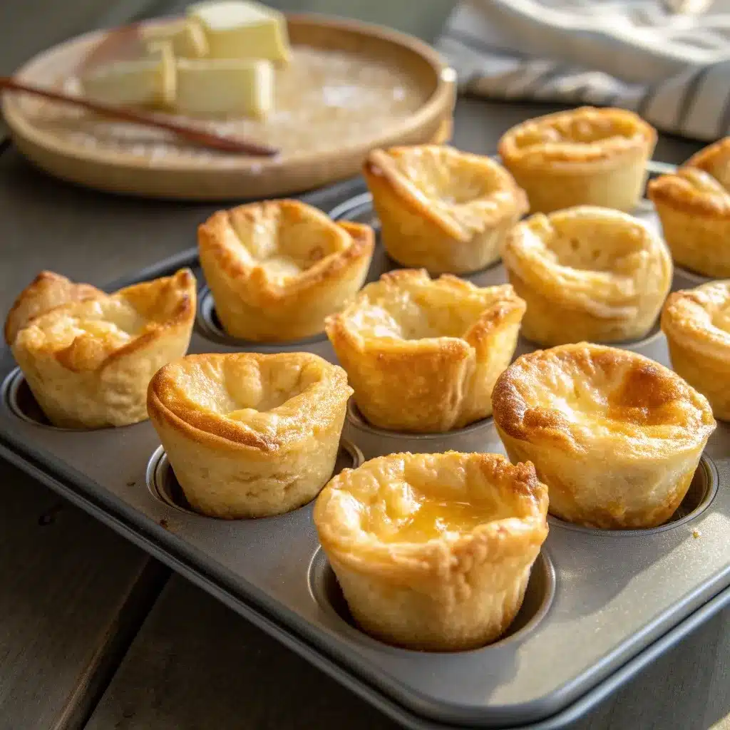Baked puff pastry shells in a mini muffin pan