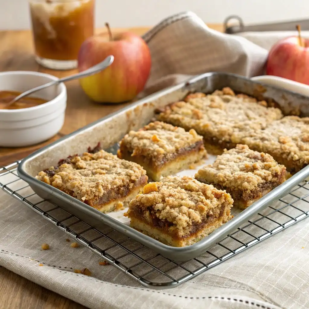 Freshly baked apple crumble bars cooling in a pan on a rack