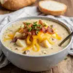 steaming bowl of loaded baked potato soup topped with melted cheddar and bacon