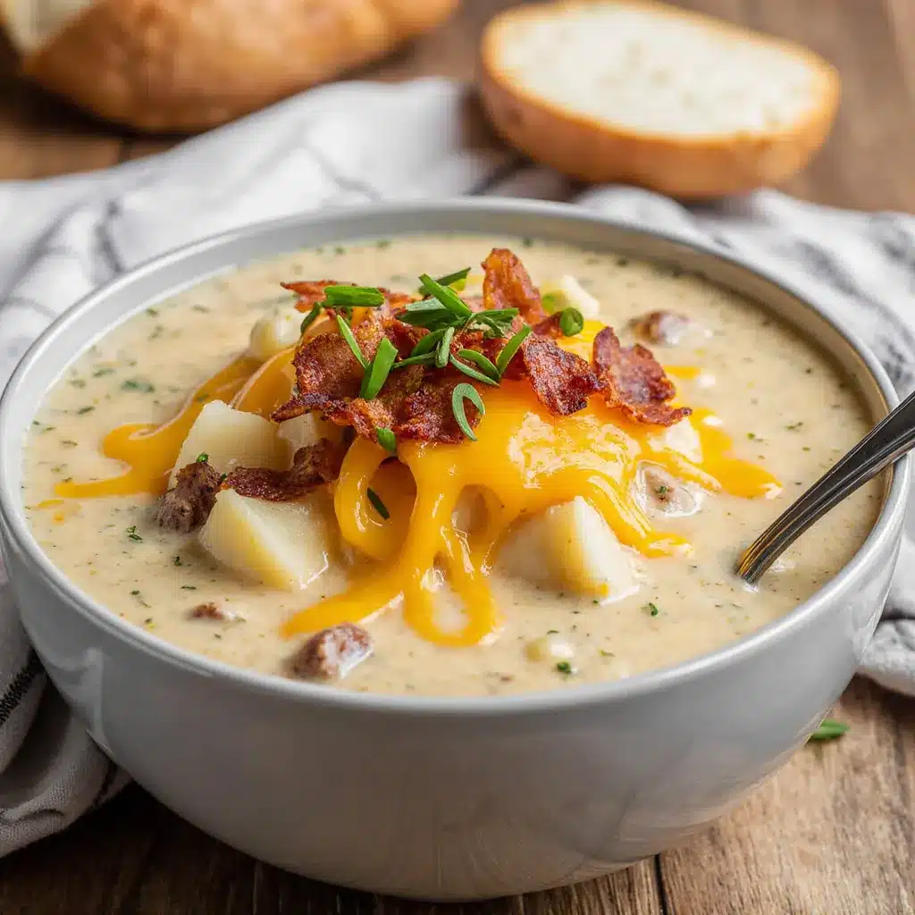 steaming bowl of loaded baked potato soup topped with melted cheddar and bacon