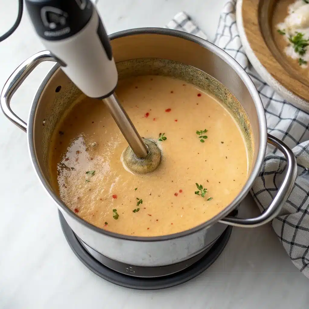 Immersion blending Creamy Roasted Tomato Basil Soup until smooth and silky