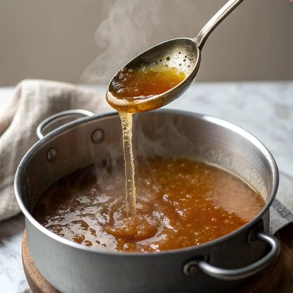 Apple cider reducing to amber syrup in a small saucepan with steam.