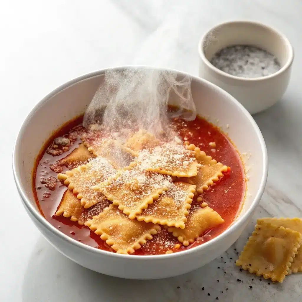 Broken lasagna noodles added to a simmering pot of High Protein Creamy Lasagna Soup