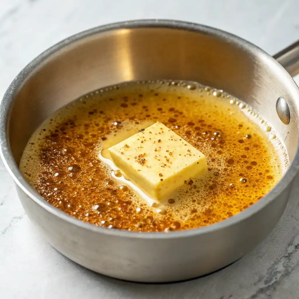 Golden brown butter with toasted specks in a small saucepan.