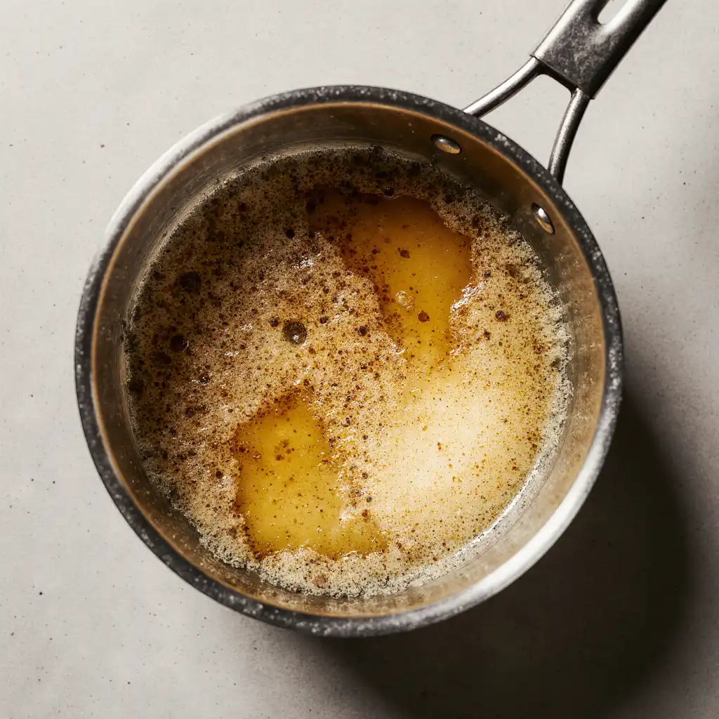 Amber brown butter with toasted specks in saucepan.