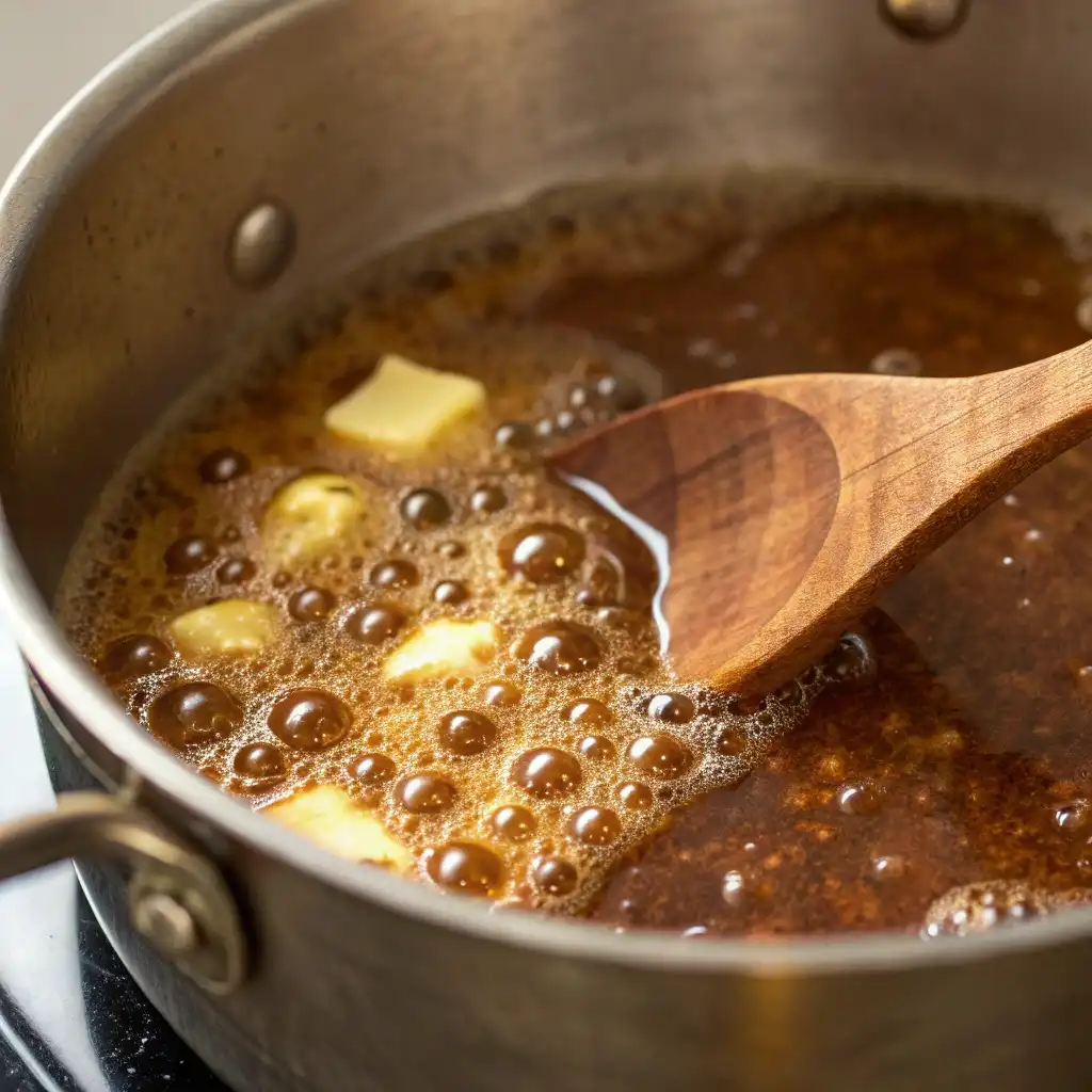Browned butter with golden flecks in saucepan being stirred with wooden spoon.