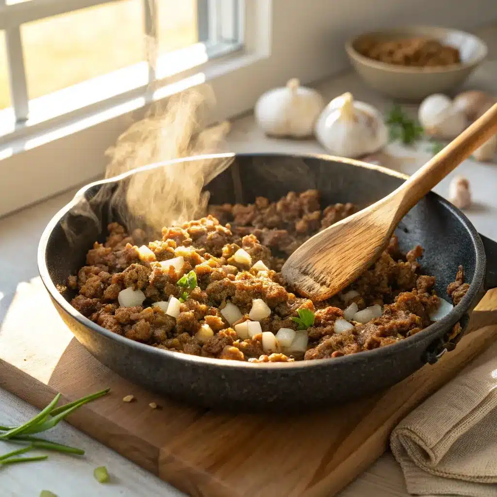 browned ground beef with onions and garlic in skillet for crockpot creamy potato and hamburger soup
