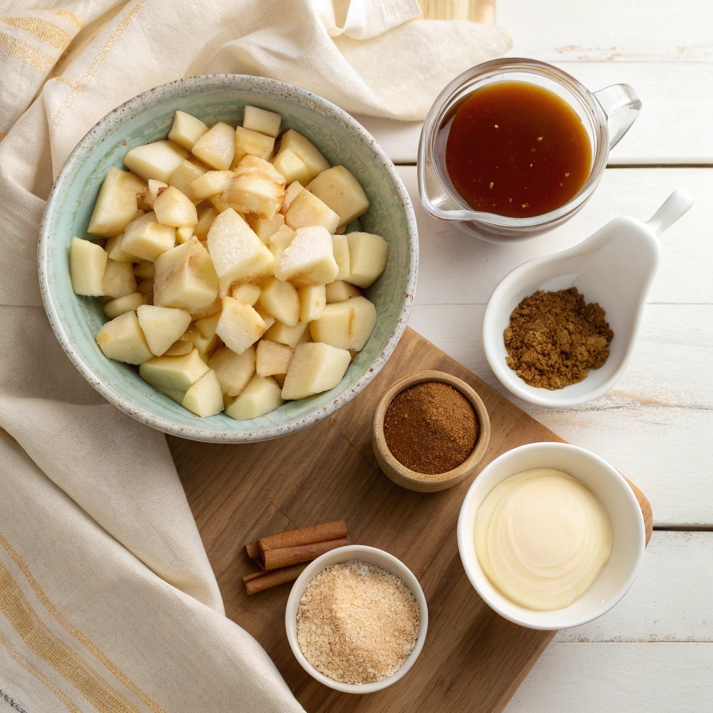 Ingredients for caramel apple dessert cups laid out on a wooden table