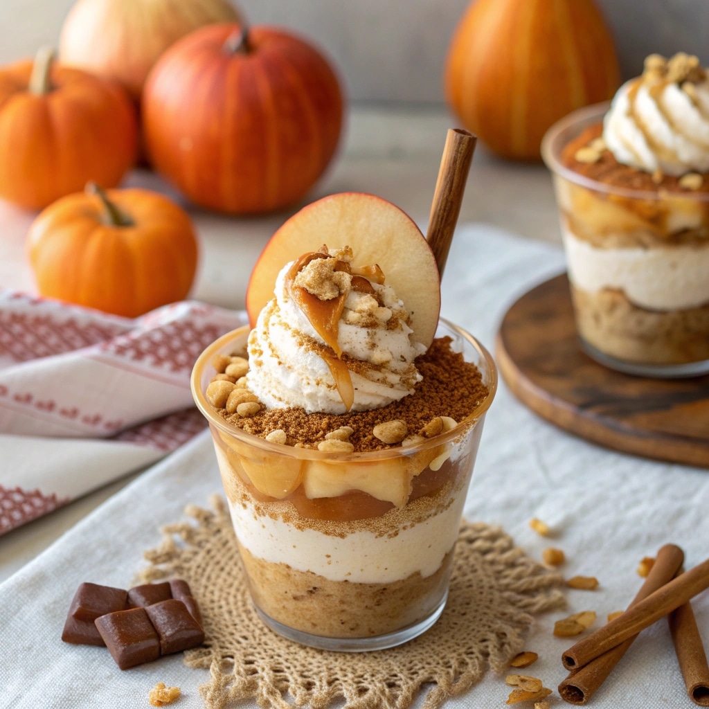 Served caramel apple dessert cup with whipped cream, caramel drizzle, and apple garnish