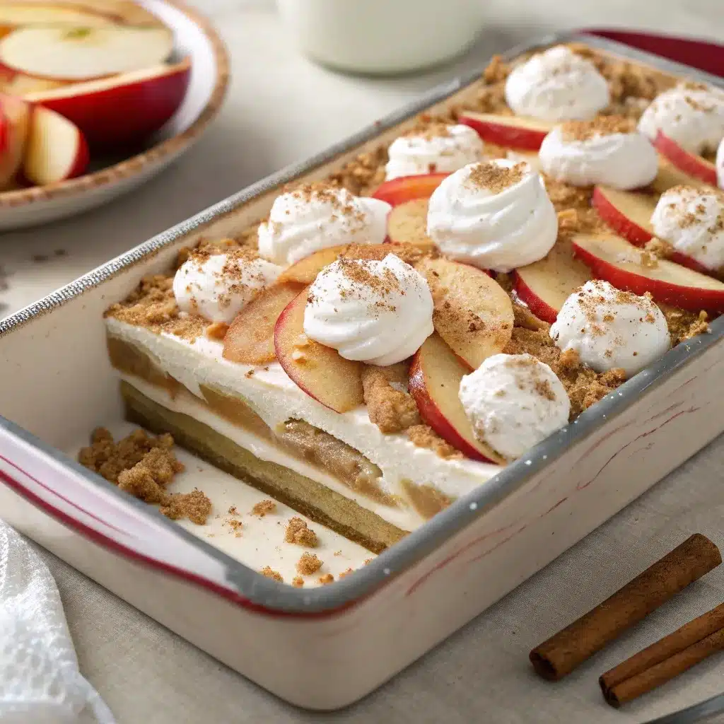 No bake caramel apple dessert lasagna with whipped topping