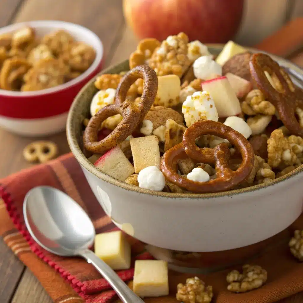 Fall caramel apple snack mix with pretzels and white chocolate