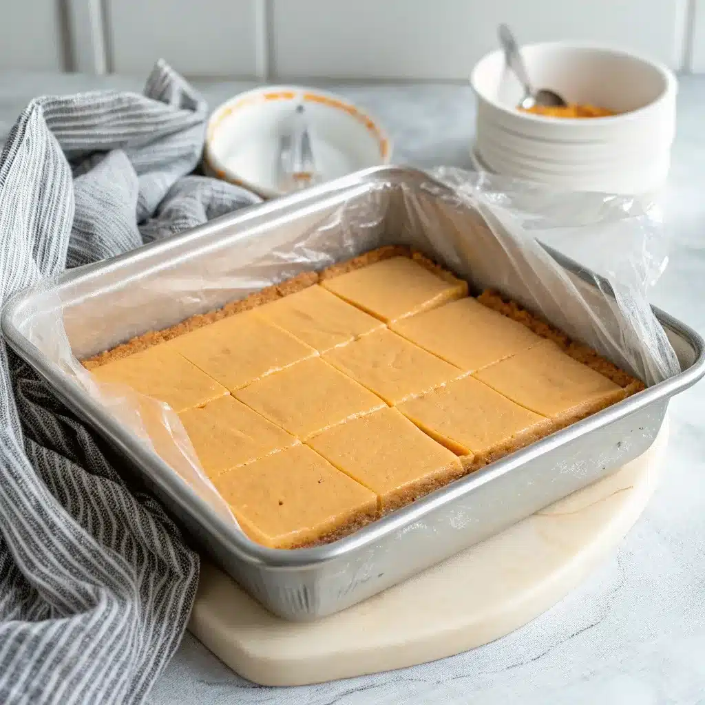 Pumpkin cheesecake bars ready to chill in dish