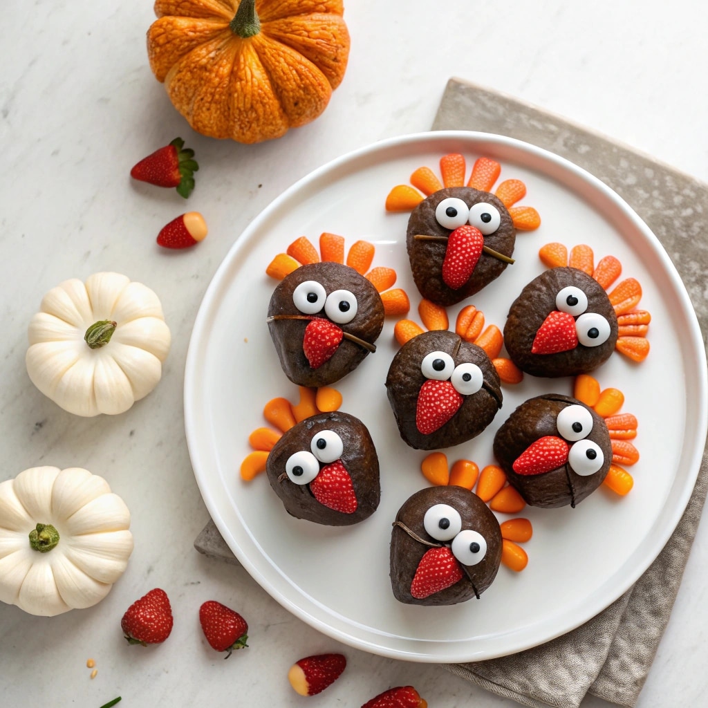 chocolate covered strawberry turkeys arranged on a white platter with candy eyes and pretzel drumsticks