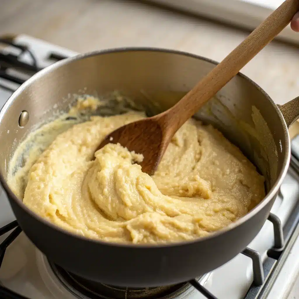 Choux pastry dough in saucepan being stirred