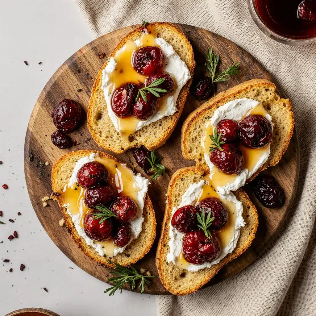 Overhead view of cranberry brie crostini with thyme and honey on a wooden serving board.