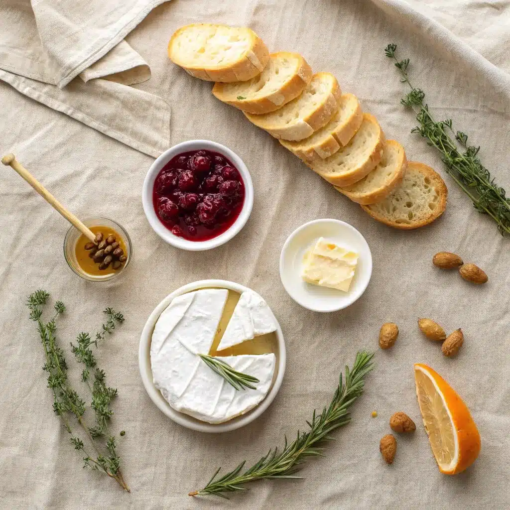 Ingredients for cranberry brie crostini including baguette, brie, cranberry sauce, honey, and thyme.