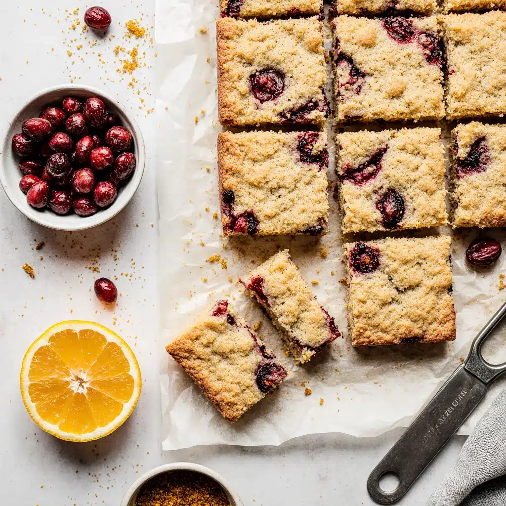 cranberry orange shortbread bars cut into neat squares with visible cranberries and orange zest