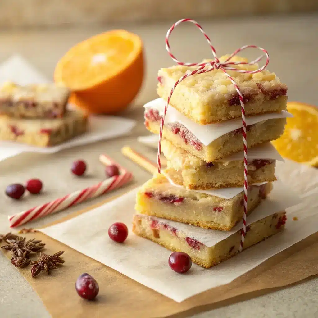 stack of cranberry orange shortbread squares tied with kitchen twine