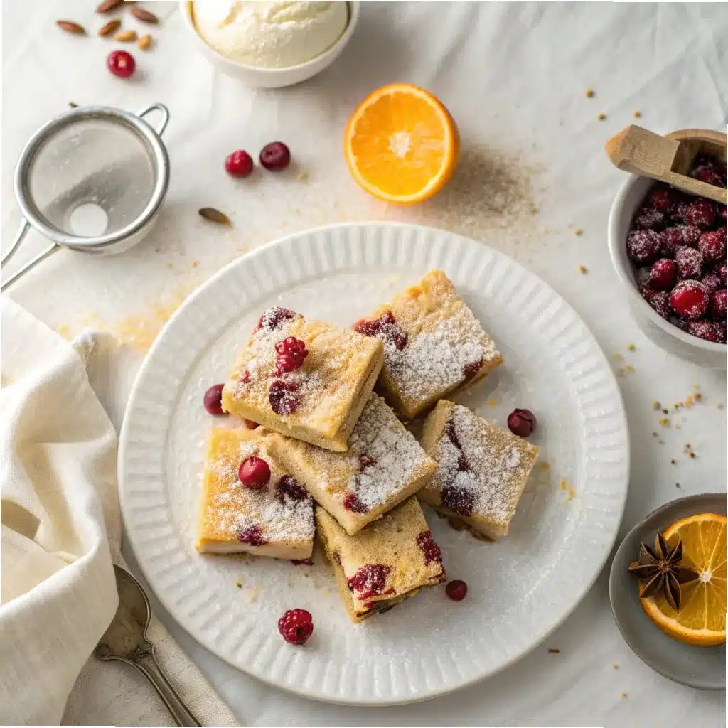 cranberry orange shortbread bars piled on a white ruffled platter with scattered cranberries