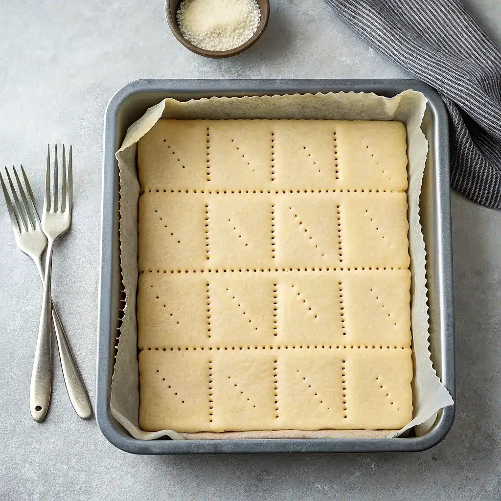 parchment-lined 8x8 pan with evenly pressed and docked shortbread base