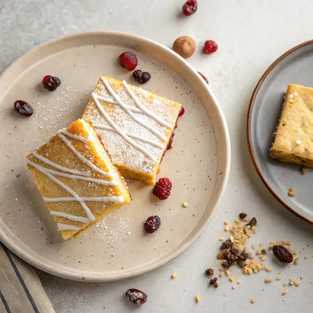 cranberry orange shortbread bars showing white chocolate drizzle and plain almond version